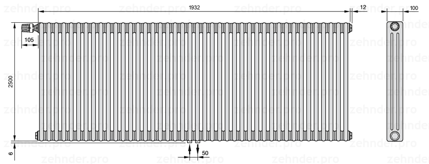 Схема (чертеж) Радиатор Zehnder Charleston 3250/42 №V007 Белый глянцевый RAL 9016